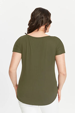 Büyük Beden Bohem Kelebek Baskılı Geniş V Yaka Kısa Kol Oval Yırtmaç Bluz