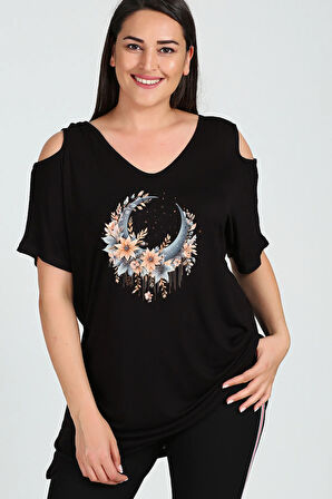 Büyük Beden Boho Hilal Baskılı Omuzu V Pencere Kısa Kol Bluz