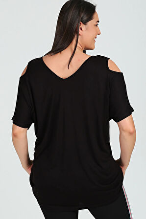 Büyük Beden Boho Hilal Baskılı Omuzu V Pencere Kısa Kol Bluz