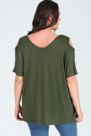 Büyük Beden Bohem Kelebek Baskılı Omuzu V Pencere Kısa Kol Bluz