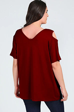 Büyük Beden Boho Hilal Baskılı Omuzu V Pencere Kısa Kol Bluz