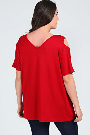 Büyük Beden Flamingo Baskılı Omuzu V Pencere Kısa Kol Bluz