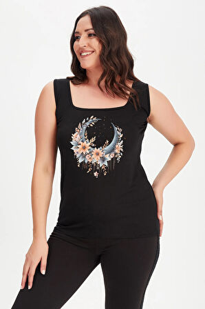 Büyük Beden Boho Hilal Baskılı Kare Yaka Kalın Askılı Atlet Bluz