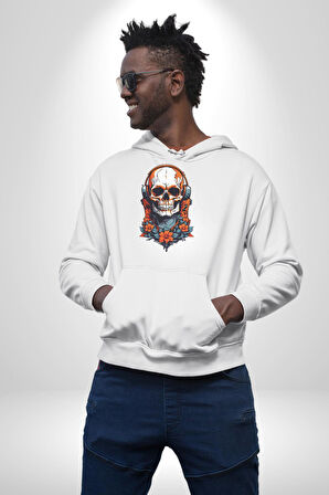 Müzik Kulaklık Takan Kurukafa Kırmızı Gül Kadın Erkek  Beyaz Kapüşonlu Sweatshirt Hoodie