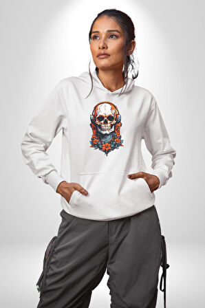 Müzik Kulaklık Takan Kurukafa Kırmızı Gül Kadın Erkek  Beyaz Kapüşonlu Sweatshirt Hoodie