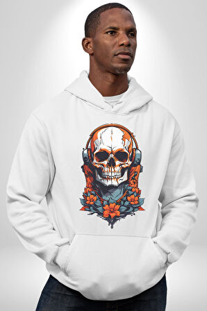 Müzik Kulaklık Takan Kurukafa Kırmızı Gül Kadın Erkek  Beyaz Kapüşonlu Sweatshirt Hoodie