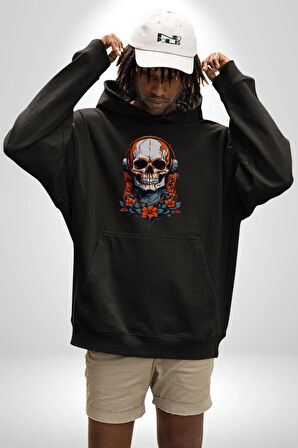 Müzik Kulaklık Takan Kurukafa Kırmızı Gül Kadın Erkek  Siyah Kapüşonlu Sweatshirt Hoodie