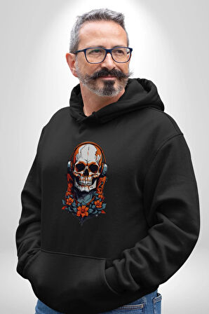 Müzik Kulaklık Takan Kurukafa Kırmızı Gül Kadın Erkek  Siyah Kapüşonlu Sweatshirt Hoodie