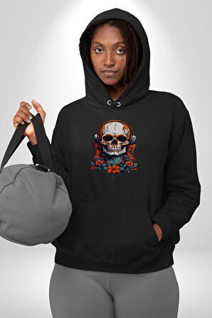 Müzik Kulaklık Takan Kurukafa Kırmızı Gül Kadın Erkek  Siyah Kapüşonlu Sweatshirt Hoodie