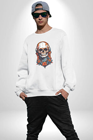 Müzik Kulaklık Takan Kurukafa Kırmızı Gül Kadın Erkek  Beyaz Baskılı Sweatshirt 