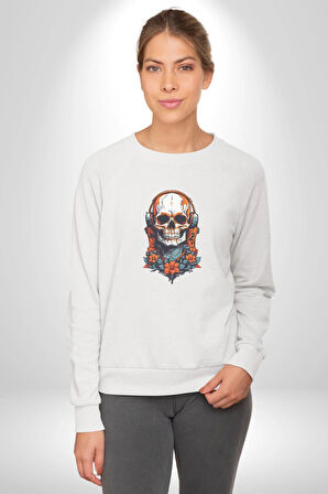 Müzik Kulaklık Takan Kurukafa Kırmızı Gül Kadın Erkek  Beyaz Baskılı Sweatshirt 