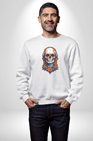 Müzik Kulaklık Takan Kurukafa Kırmızı Gül Kadın Erkek  Beyaz Baskılı Sweatshirt 