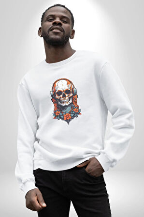 Müzik Kulaklık Takan Kurukafa Kırmızı Gül Kadın Erkek  Beyaz Baskılı Sweatshirt 