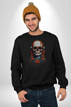 Müzik Kulaklık Takan Kurukafa Kırmızı Gül Kadın Erkek  Siyah Baskılı Sweatshirt 