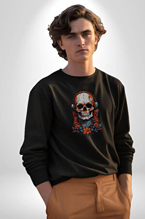 Müzik Kulaklık Takan Kurukafa Kırmızı Gül Kadın Erkek  Siyah Baskılı Sweatshirt 