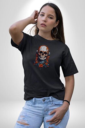 Müzik Kulaklık Takan Kurukafa Kırmızı Gül Kadın Erkek Unisex Siyah Organik Baskılı T-Shirt Penye Yüksek Kalite