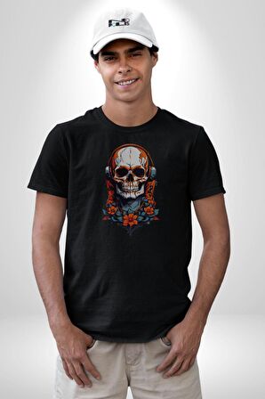 Müzik Kulaklık Takan Kurukafa Kırmızı Gül Kadın Erkek Unisex Siyah Organik Baskılı T-Shirt Penye Yüksek Kalite