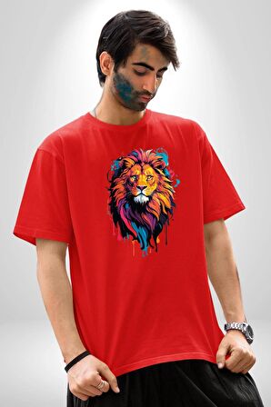 Renkli Yağlı Boya Aslan Pamuklu Bisiklet Yaka Kadın Erkek Oversize Boyfriend Dijital Baskılı Kırmızı T-Shirt