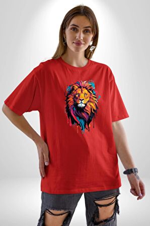 Renkli Yağlı Boya Aslan Pamuklu Bisiklet Yaka Kadın Erkek Oversize Boyfriend Dijital Baskılı Kırmızı T-Shirt