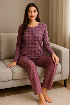 Ekoseli Desenli Uzun Kol Kadın Pijama Takımı 2 İplik Kışlık Pamuklu Kumaş