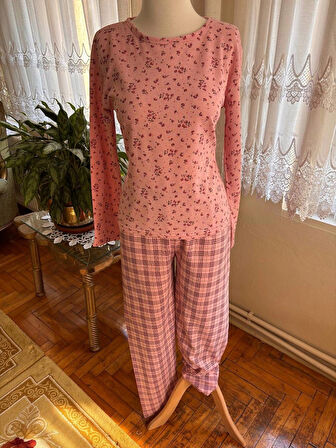 Ekoseli Desenli Uzun Kol Kadın Pijama Takımı 2 İplik Kışlık Pamuklu Kumaş