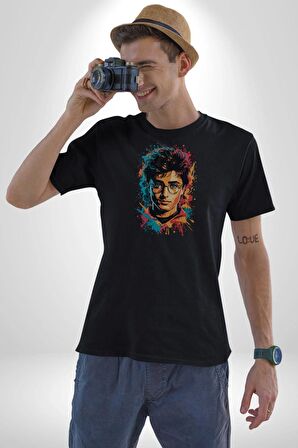 Renkli Yağlı Boya Harry Potter Kadın Erkek Unisex Siyah Organik Baskılı T-Shirt Penye Yüksek Kalite