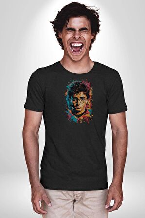 Renkli Yağlı Boya Harry Potter Kadın Erkek Unisex Siyah Organik Baskılı T-Shirt Penye Yüksek Kalite