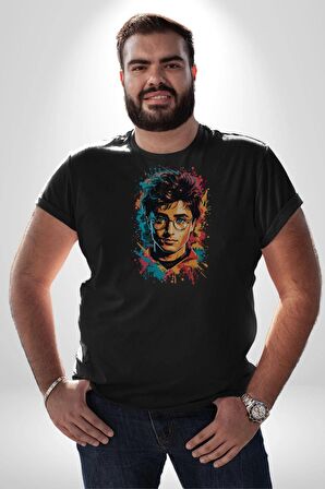Renkli Yağlı Boya Harry Potter Kadın Erkek Unisex Siyah Organik Baskılı T-Shirt Penye Yüksek Kalite
