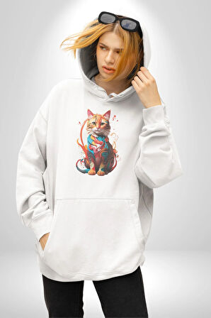 Renkli Yağlı Boya Kedi Kadın Erkek  Beyaz Kapüşonlu Sweatshirt Hoodie