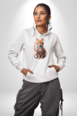 Renkli Yağlı Boya Kedi Kadın Erkek  Beyaz Kapüşonlu Sweatshirt Hoodie