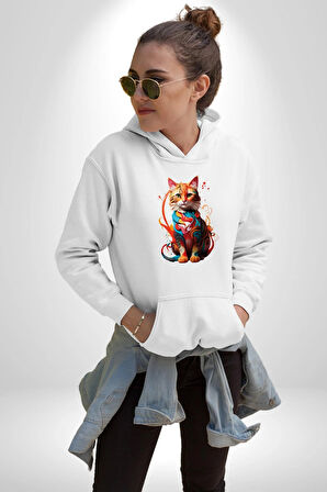 Renkli Yağlı Boya Kedi Kadın Erkek  Beyaz Kapüşonlu Sweatshirt Hoodie