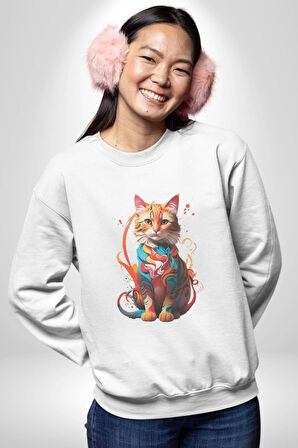 Renkli Yağlı Boya Kedi Kadın Erkek  Beyaz Baskılı Sweatshirt 