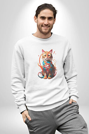 Renkli Yağlı Boya Kedi Kadın Erkek  Beyaz Baskılı Sweatshirt 