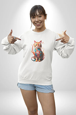 Renkli Yağlı Boya Kedi Kadın Erkek  Beyaz Baskılı Sweatshirt 
