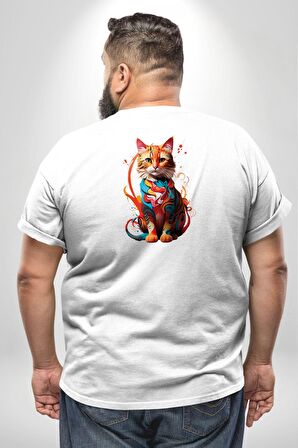 Renkli Yağlı Boya Kedi Büyük Beden Beyaz Tişört Kadın Erkek Ünisex Sırt Baskılı