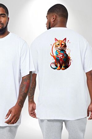 Renkli Yağlı Boya Kedi Büyük Beden Beyaz Tişört Kadın Erkek Ünisex Sırt Baskılı