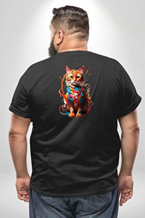 Renkli Yağlı Boya Kedi Büyük Beden Siyah Tişört Kadın Erkek Ünisex Sırt Baskılı