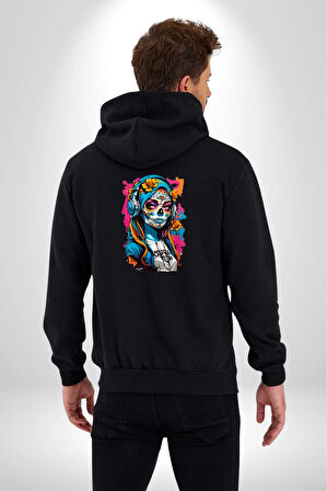 Kulaklık Müzik Dinleyen Kız Kadın Erkek Siyah Renk Kapüşonlu Kanguru Cepli  Fermuarlı Pamuklu Oversize Dijital Baskılı Hırka Sweatshirt