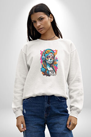 Kulaklık Müzik Dinleyen Kız Kadın Erkek  Beyaz Baskılı Sweatshirt 