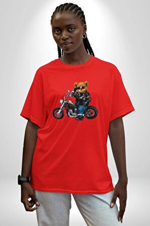 Kask Güneş Gözlüğü Motor Ayı Pamuklu Bisiklet Yaka Kadın Erkek Oversize Boyfriend Dijital Baskılı Kırmızı T-Shirt