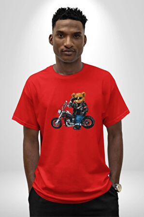 Kask Güneş Gözlüğü Motor Ayı Pamuklu Bisiklet Yaka Kadın Erkek Oversize Boyfriend Dijital Baskılı Kırmızı T-Shirt