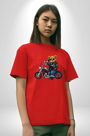 Kask Güneş Gözlüğü Motor Ayı Pamuklu Bisiklet Yaka Kadın Erkek Oversize Boyfriend Dijital Baskılı Kırmızı T-Shirt