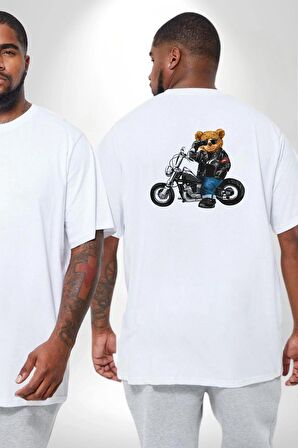 Kask Güneş Gözlüğü Motor Ayı Büyük Beden Beyaz Tişört Kadın Erkek Ünisex Sırt Baskılı