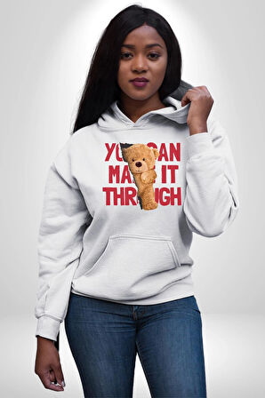 Bunu Alabilirsin Çantadan Çıkan Ayı Kadın Erkek  Beyaz Kapüşonlu Sweatshirt Hoodie