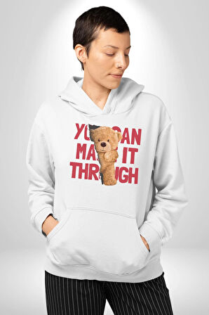 Bunu Alabilirsin Çantadan Çıkan Ayı Kadın Erkek  Beyaz Kapüşonlu Sweatshirt Hoodie