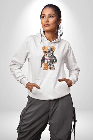 Robot Ayı Güneş Gözlüğü Kadın Erkek  Beyaz Kapüşonlu Sweatshirt Hoodie