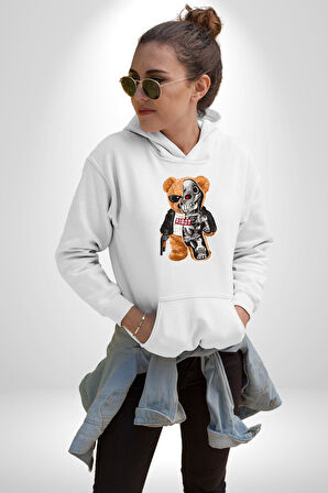 Robot Ayı Güneş Gözlüğü Kadın Erkek  Beyaz Kapüşonlu Sweatshirt Hoodie