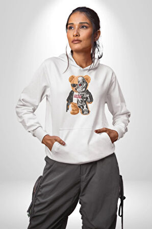 Robot Ayı Güneş Gözlüğü Kadın Erkek  Beyaz Kapüşonlu Sweatshirt Hoodie