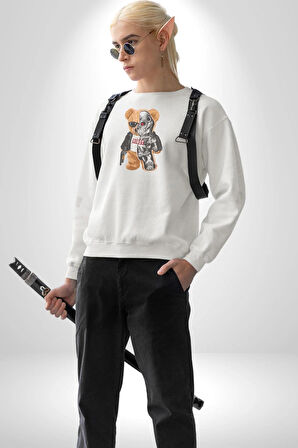 Robot Ayı Güneş Gözlüğü Kadın Erkek  Beyaz Baskılı Sweatshirt 