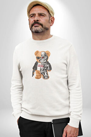 Robot Ayı Güneş Gözlüğü Kadın Erkek  Beyaz Baskılı Sweatshirt 